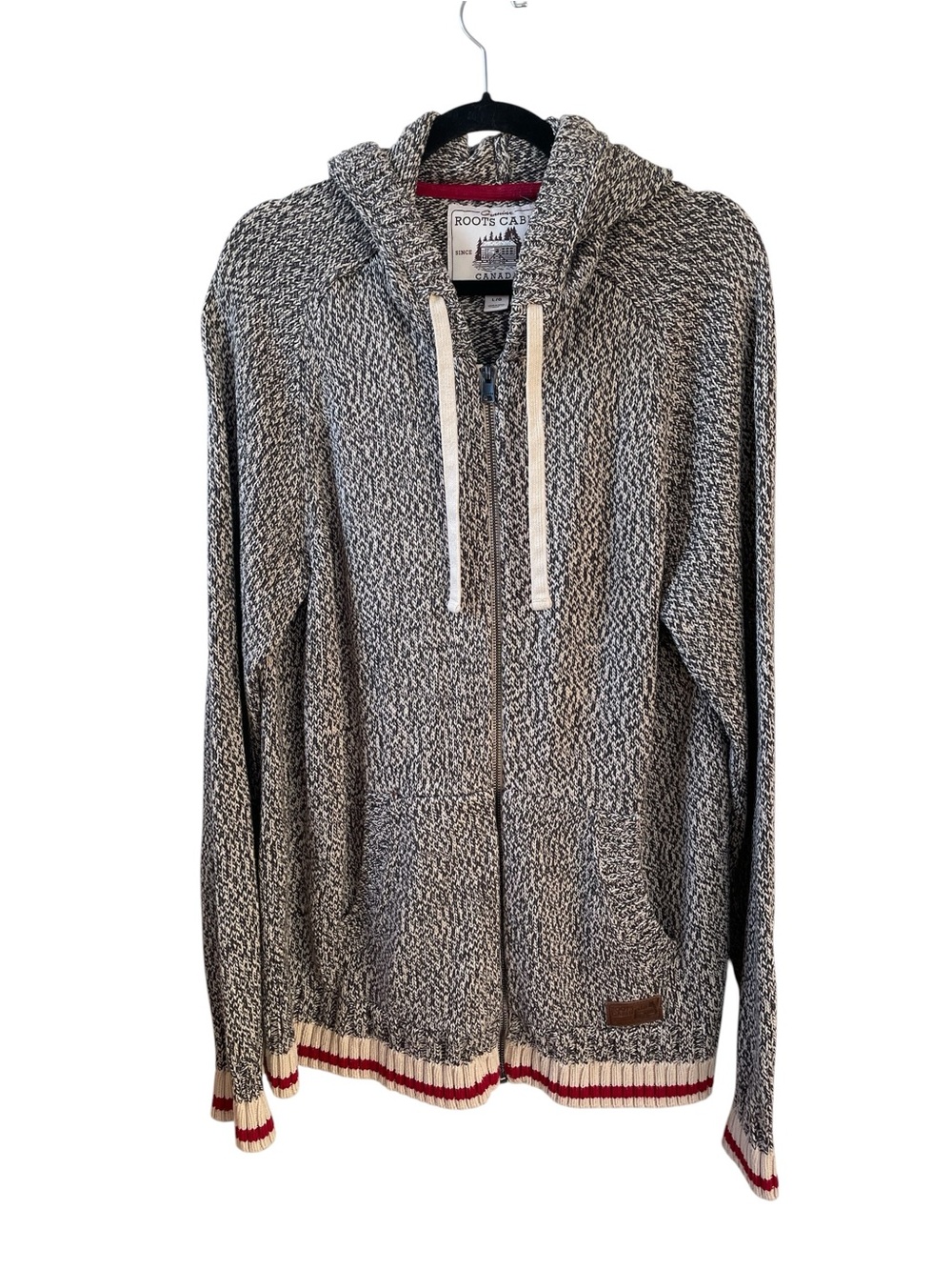 Roots Cabin Gray Marled Zip-Up Hoodie Sweater with Red Trim L